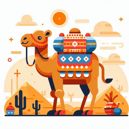 Camel with pyramids and cacti. Vector illustration in flat styleのイラスト素材