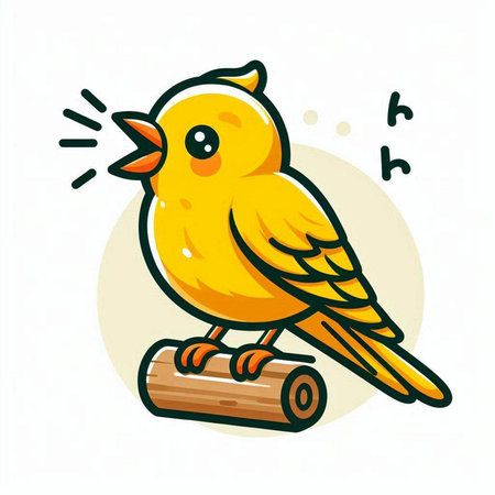 Vector illustration of a cute little yellow bird sitting on a log.のイラスト素材