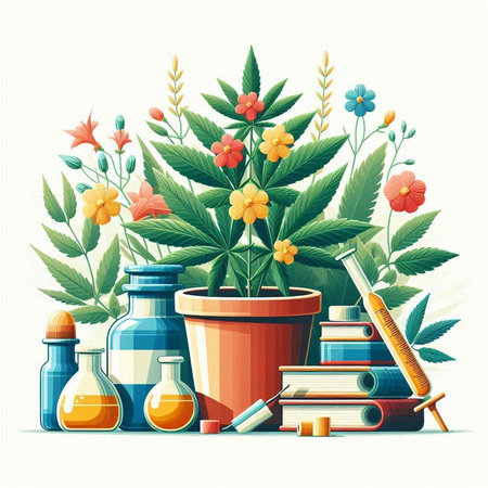Flowers in a pot, test tubes, books. Vector illustration.のイラスト素材