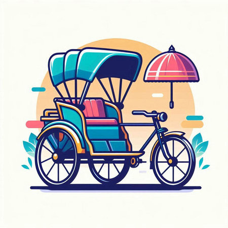 Colorful vector illustration of a tricycle with a parasol in the backgroundのイラスト素材