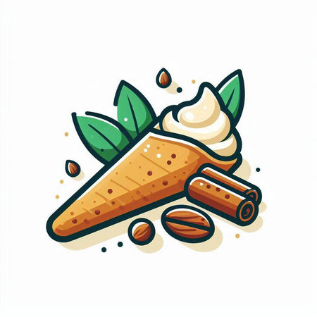 Ice cream cone with whipped cream, cinnamon sticks and coffee beans. Vector illustration.のイラスト素材