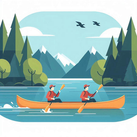 Two men in a kayak on the lake. Flat design vector illustration.のイラスト素材