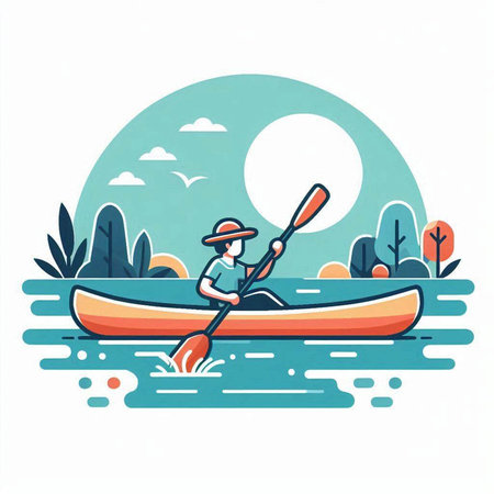 Kayaking on the river. Vector illustration in a flat style.のイラスト素材