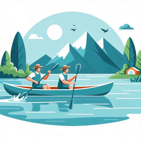 Two men canoeing in the lake. Vector illustration in flat styleのイラスト素材