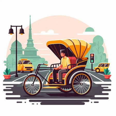 Tuk Tuk taxi flat vector illustration. Man in checkered rickshaw rides on the road.のイラスト素材