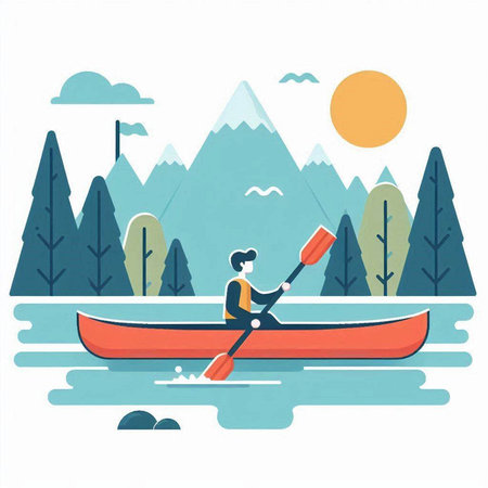 Vector illustration of a man in a kayak on the background of mountains.のイラスト素材