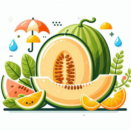 Melon and watermelon with leaves on a white background. Vector illustration.のイラスト素材