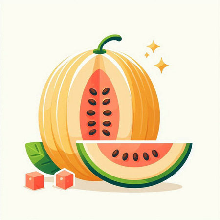 Melon and cubes of watermelon. Vector illustration in flat styleのイラスト素材
