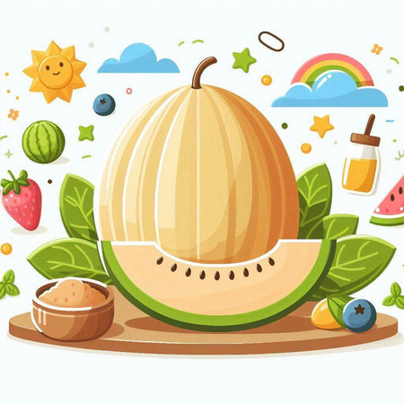 Illustration of a melon on a wooden board with fruits and vegetables aroundのイラスト素材