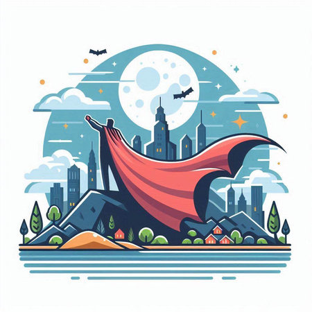 Superhero city landscape. Vector illustration in flat style. Design element for banner, poster or print.のイラスト素材
