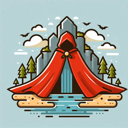Vector illustration of a red cape on the background of the city.のイラスト素材