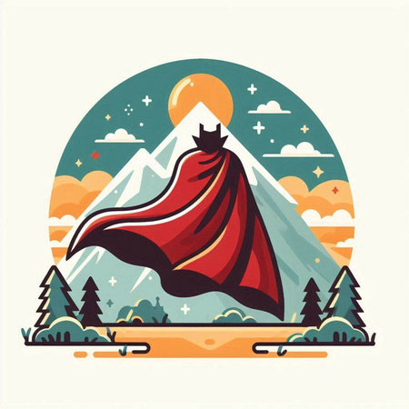Vector illustration of a mountain landscape in flat style with a flying superheroのイラスト素材