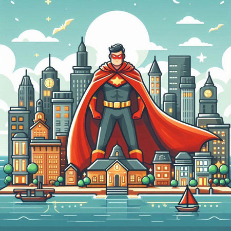 Superhero on the background of the city. Vector illustration in cartoon style.のイラスト素材