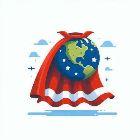 Planet earth in a red cloak. Vector illustration in flat style.のイラスト素材