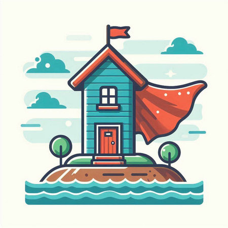 House on the island with a red cape. Vector illustration in flat styleのイラスト素材