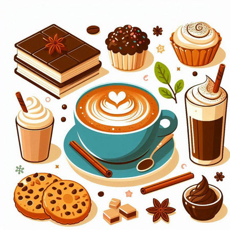 Cup of coffee with latte art and sweets. Vector illustrationのイラスト素材