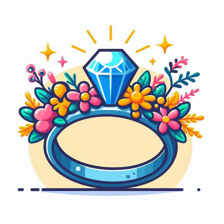 Wedding ring with diamond and flowers. Vector illustration in cartoon style.のイラスト素材