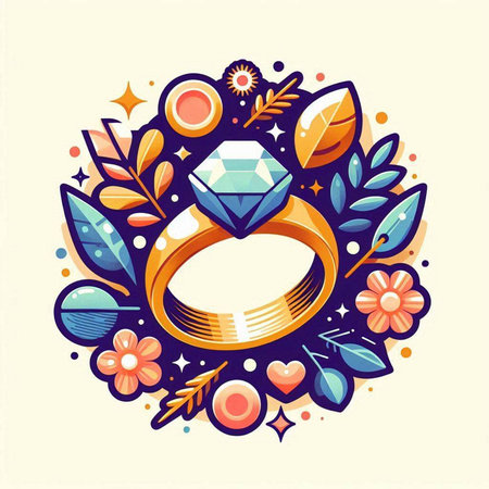 Wedding ring with floral ornament. Vector illustration in flat styleのイラスト素材