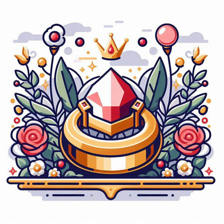 Wedding ring with diamond and flowers. Vector illustration in flat styleのイラスト素材