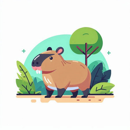 Hippopotamus in the jungle. Vector illustration in flat styleのイラスト素材