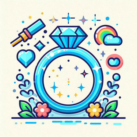 Wedding ring with flowers and stars. Vector illustration in linear style.のイラスト素材