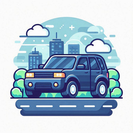 Car on the road in the city. Vector illustration in flat styleのイラスト素材