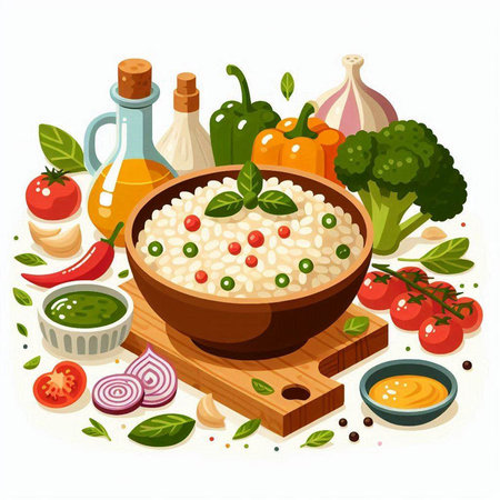 Risotto in a wooden bowl with ingredients for cooking. Vector illustration.のイラスト素材