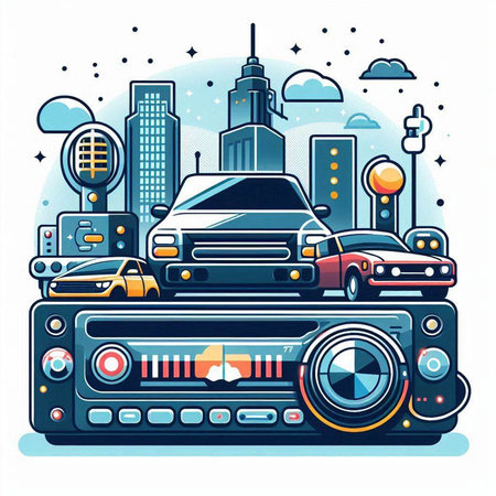 Retro radio and car on the background of the city. Vector illustrationのイラスト素材