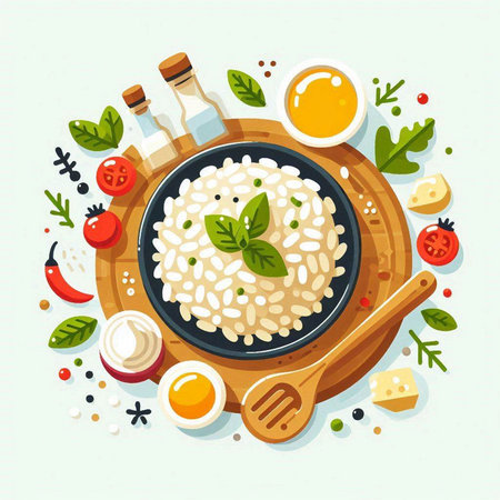 Risotto with vegetables and eggs. Vector illustration in flat styleのイラスト素材