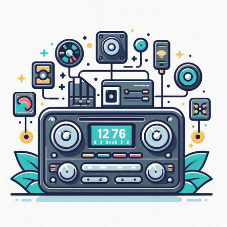 Vector illustration of retro radio set. Flat line art style design.のイラスト素材