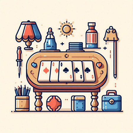Flat line design vector illustration concept of playing cards. Vintage retro style.のイラスト素材