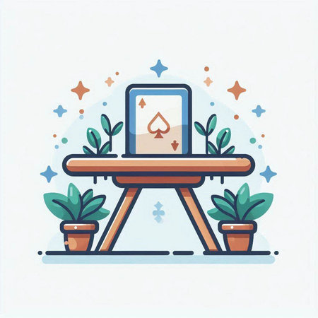 Flat line design illustration of playing cards on the table. Vector illustrationのイラスト素材