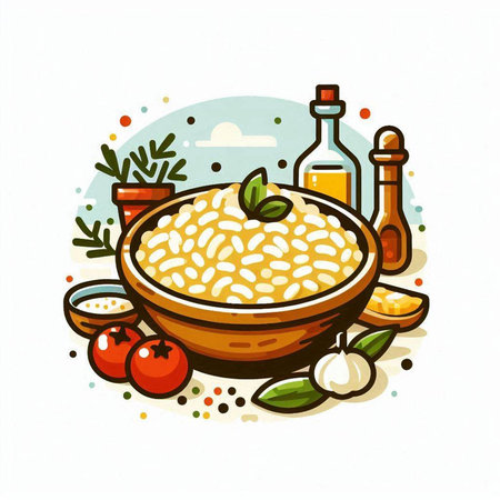 Risotto vector illustration. Risotto with olive oil, tomatoes and herbs.のイラスト素材