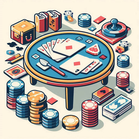 Poker table with chips, cards and dice. Vector illustration.のイラスト素材