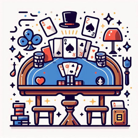 Colorful vector line art illustration of casino table with playing cards and chips.のイラスト素材