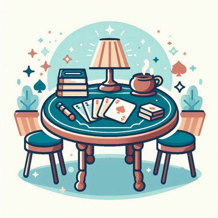 Vector illustration of table with a deck of playing cards, coffee and books.のイラスト素材