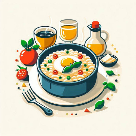 Risotto with egg, tomatoes and basil. Vector illustration.のイラスト素材