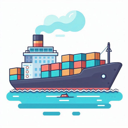 Cargo ship in flat style on white background. Vector illustration.のイラスト素材
