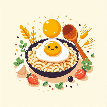 Illustration of a bowl of instant noodle with fried egg and vegetablesのイラスト素材