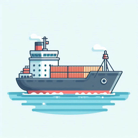 Cargo ship in the sea. Vector illustration. Flat style.のイラスト素材