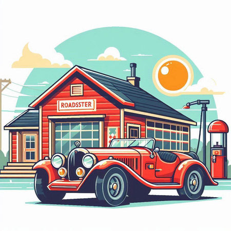 Retro car on the background of a farm house. Vector illustration.のイラスト素材