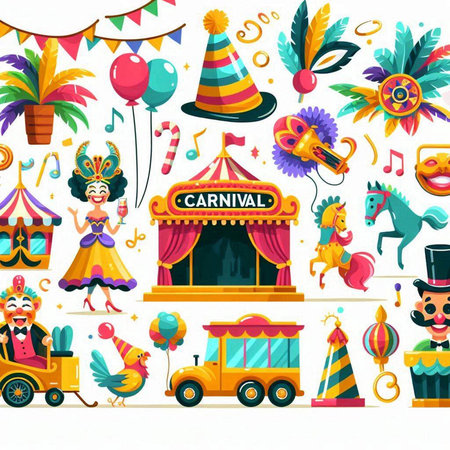 Cartoon carnival set. Vector illustration of carnival elements.のイラスト素材