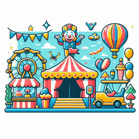 Circus vector illustration with funny clown, carousel, hot air balloon, tent and carnival.のイラスト素材