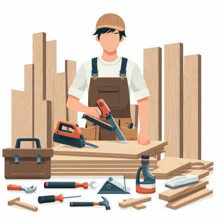 Carpenter working with tools. Vector illustration in cartoon style.のイラスト素材