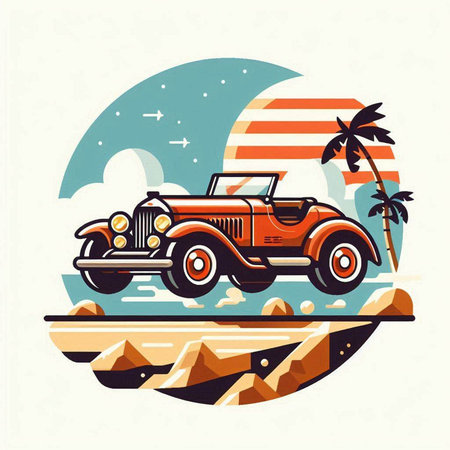 Vintage car on the beach. Vector illustration in retro style.のイラスト素材