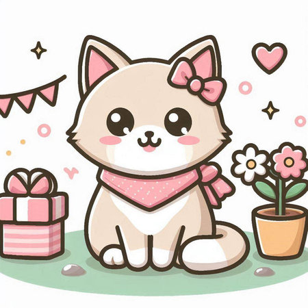 Cute cat with gift box and flower. Vector cartoon illustration.のイラスト素材