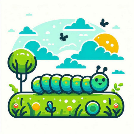 Cute cartoon caterpillar on green meadow. Vector illustration.のイラスト素材