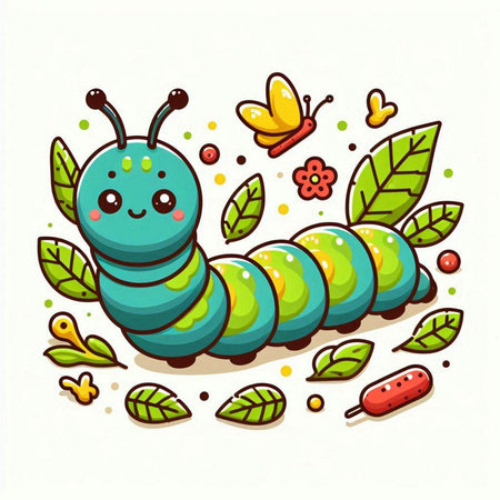 Cute cartoon caterpillar with leaves and flowers. Vector illustration.のイラスト素材