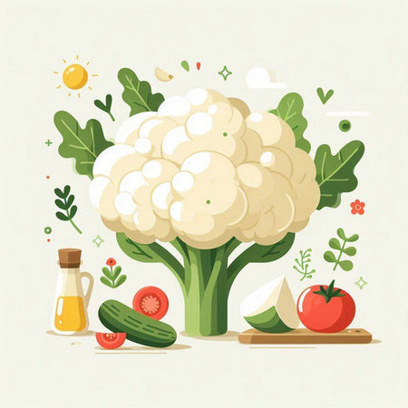 Cauliflower, tomatoes, cucumbers, olive oil and spices. Vector illustration.のイラスト素材