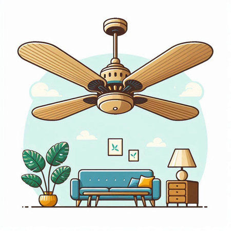 Ceiling fan in living room with furniture. Flat style vector illustration.のイラスト素材
